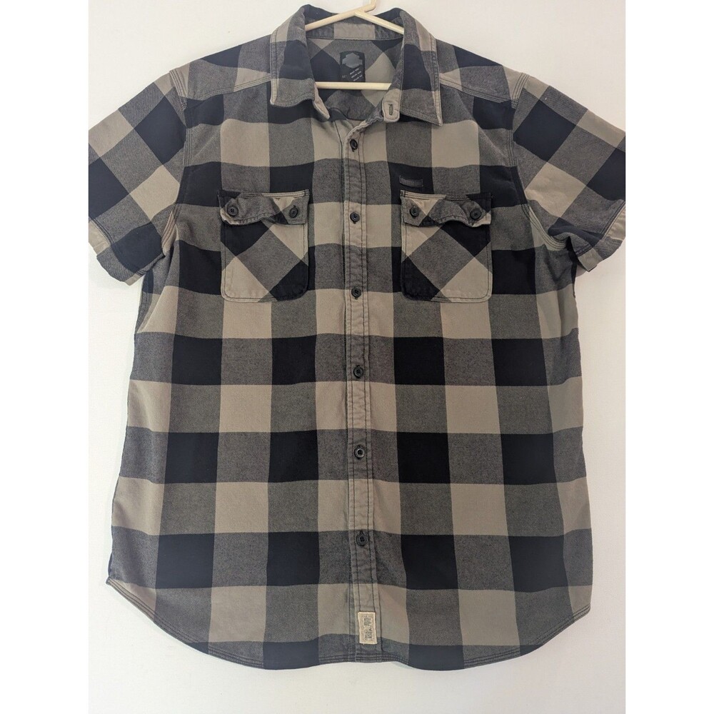 Harley Davidson shirt 2xl black Olive Green Flannel Button‎ Short Sleeve Biker